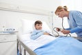 Child lying in bed in hospital room and nurse measuring his pressure with sphygmomanometer and stethoscop Royalty Free Stock Photo